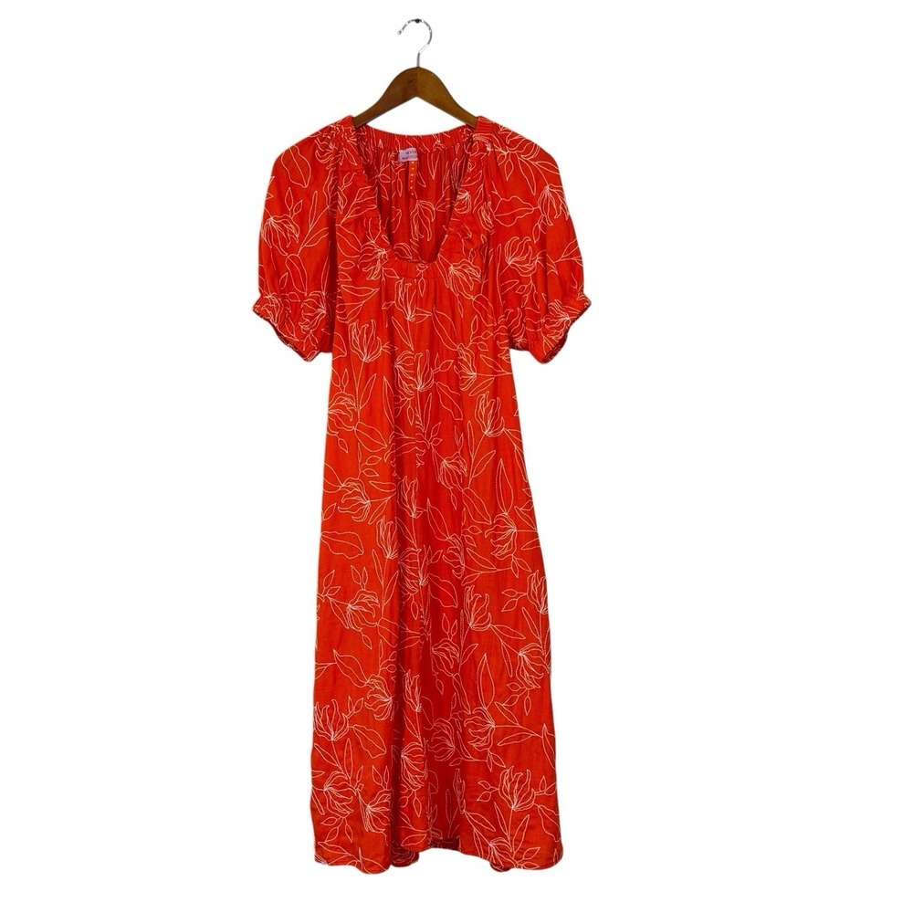 Never A Wallflower Anthro Midi Dress Sz M Floral Embroidered Orange Pockets Boho